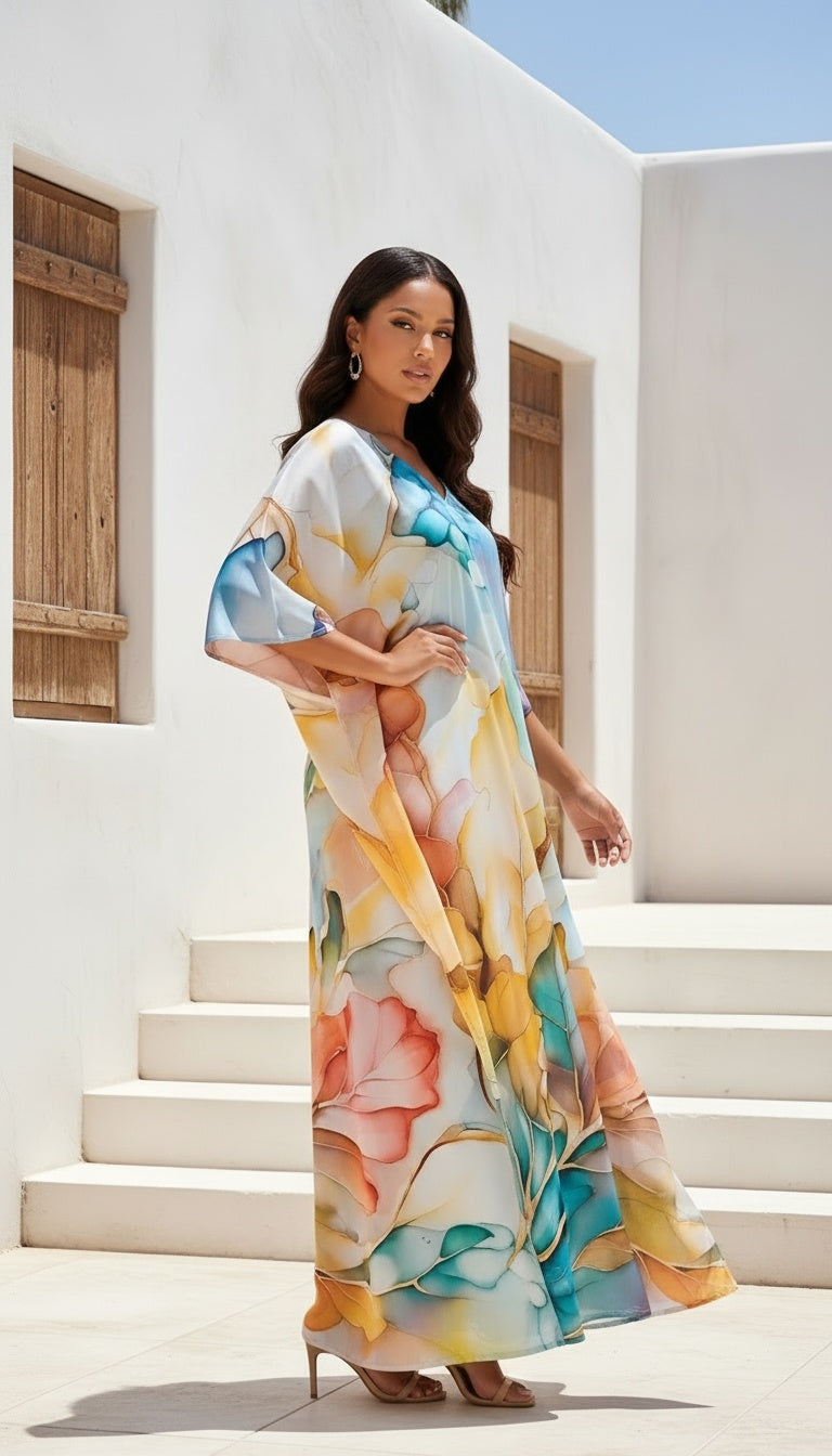 Leaf Cream & White Satin Silk Women Plus Size Caftan Dress