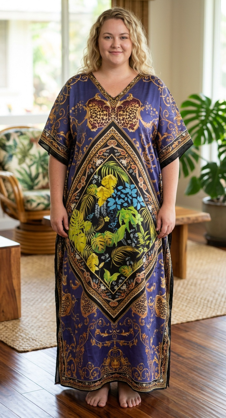 Purple Tropical Leaf Satin Women Plus Size Kaftan Vacation Dress