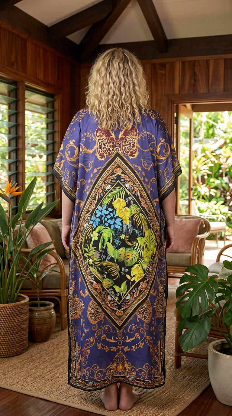 Purple Tropical Leaf Satin Women Plus Size Kaftan Vacation Dress