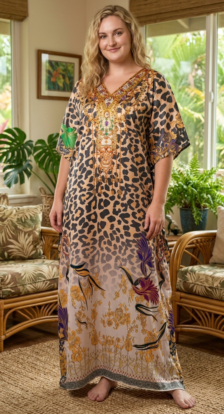 Light Peach Leopard Print Satin Women Plus Size Kaftan Lounge Dress