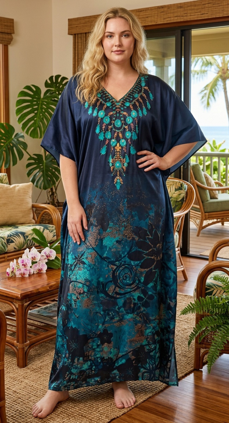 Navy Blue Floral Satin Women Plus Size Kaftan Cruise Dress