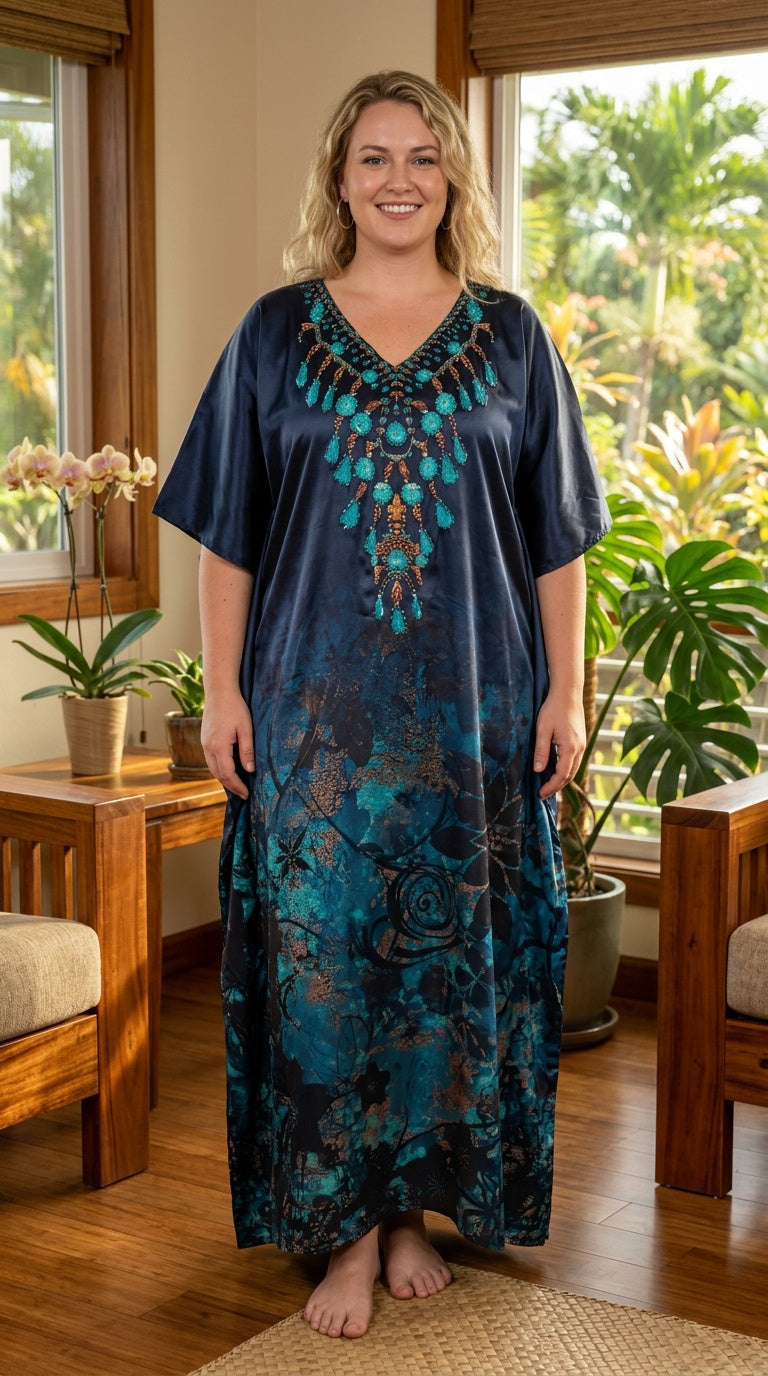 Navy Blue Floral Satin Women Plus Size Kaftan Cruise Dress