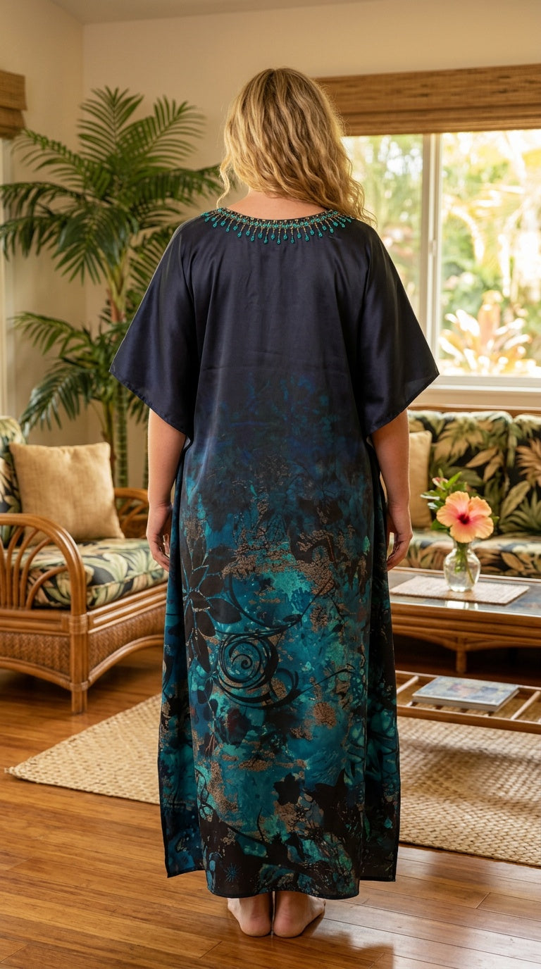 Navy Blue Floral Satin Women Plus Size Kaftan Cruise Dress