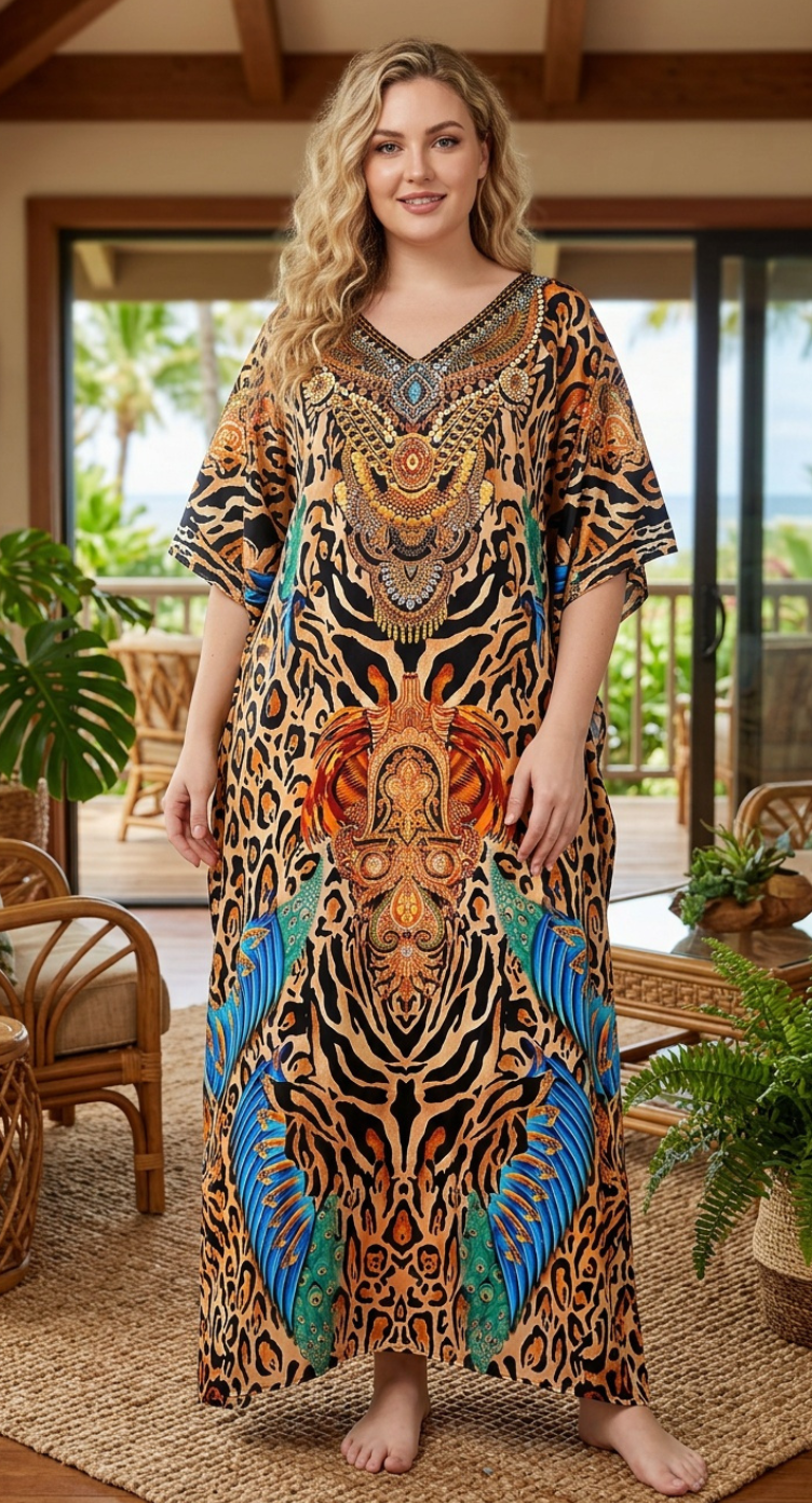 Beige Animal Print Satin Women Plus Size Kaftan Tropical Dress