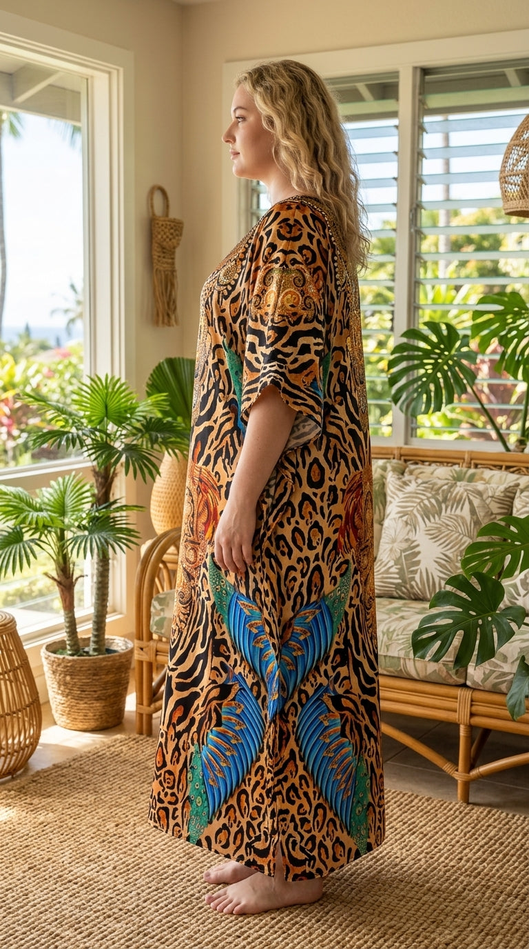 Beige Animal Print Satin Women Plus Size Kaftan Tropical Dress