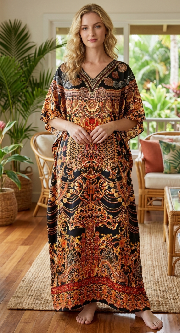 Black Baroque Satin Women Plus Size Kaftan Evening Dress