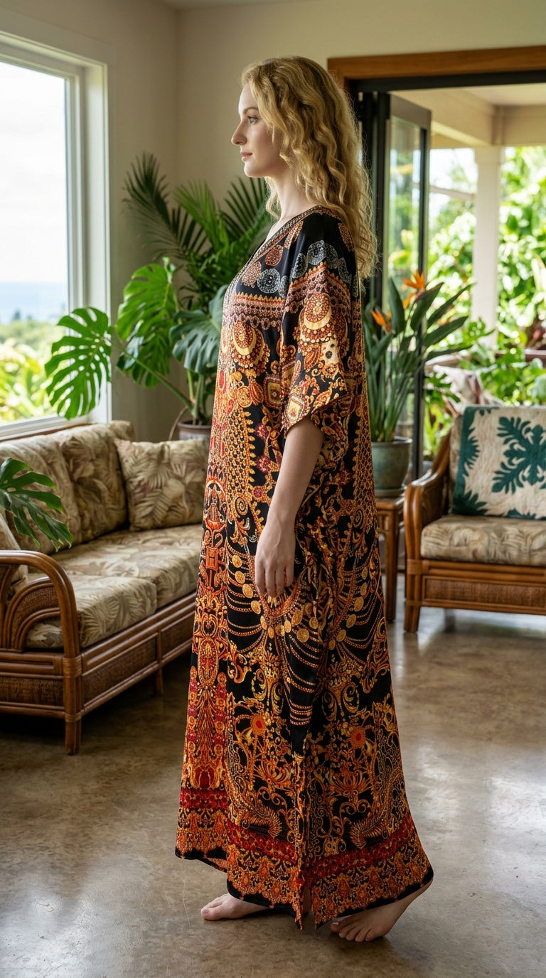 Black Baroque Satin Women Plus Size Kaftan Evening Dress