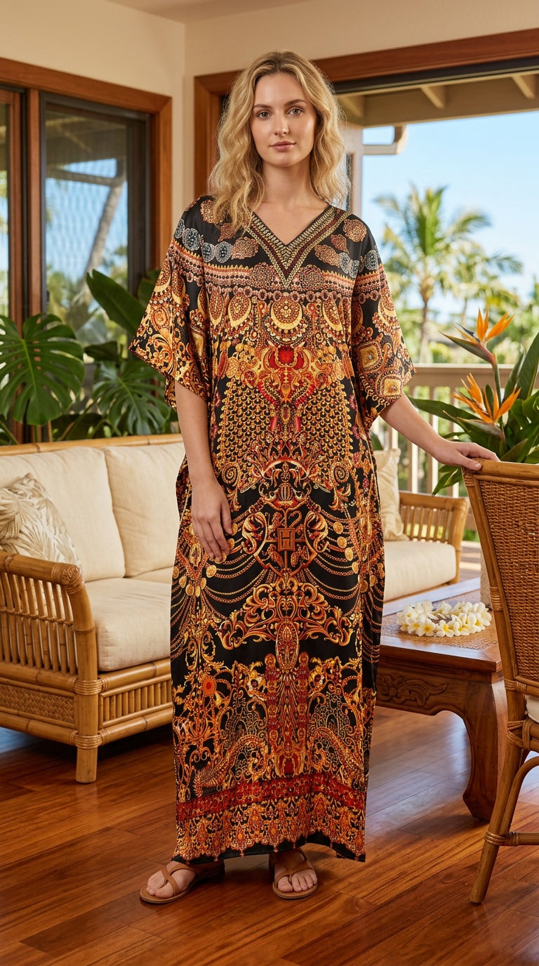 Black Baroque Satin Women Plus Size Kaftan Evening Dress