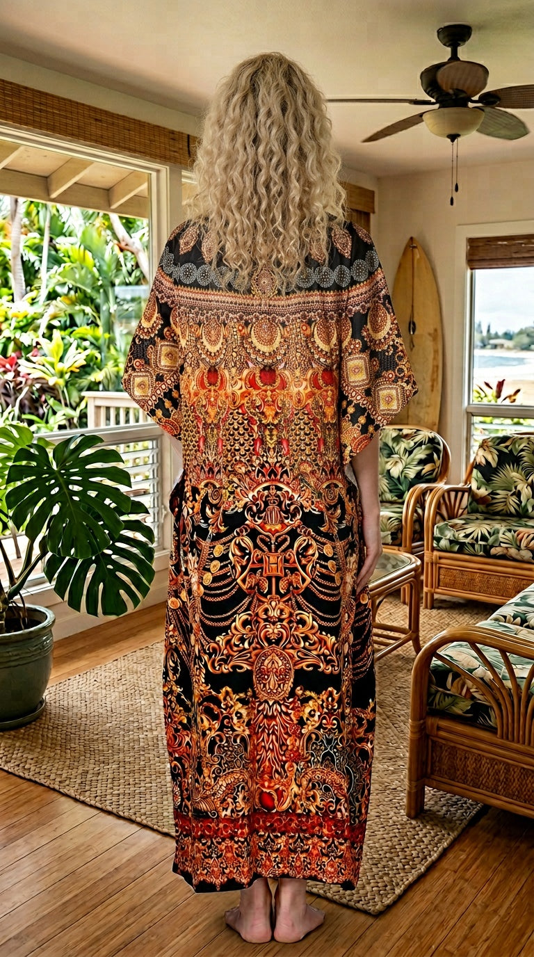 Black Baroque Satin Women Plus Size Kaftan Evening Dress