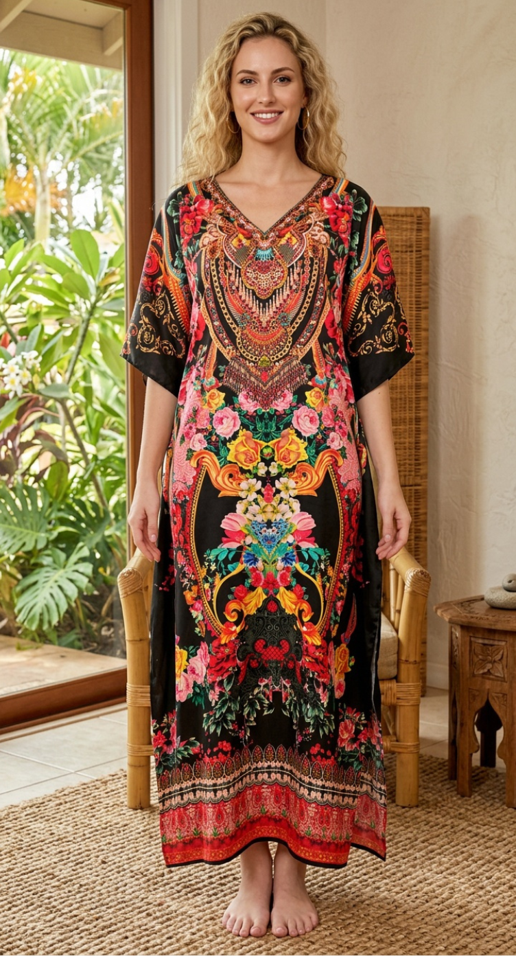 Black Floral Satin Women Plus Size Kaftan Beach Dress