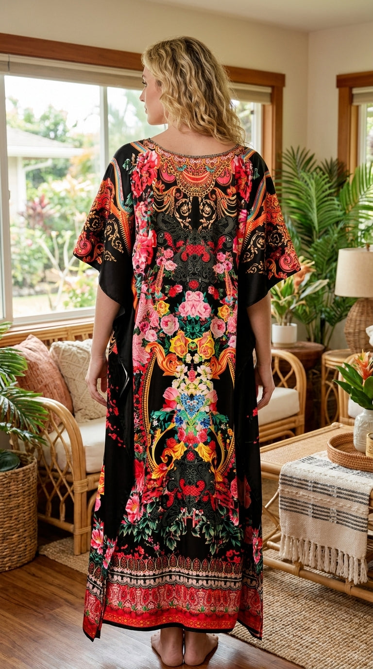 Black Floral Satin Women Plus Size Kaftan Beach Dress