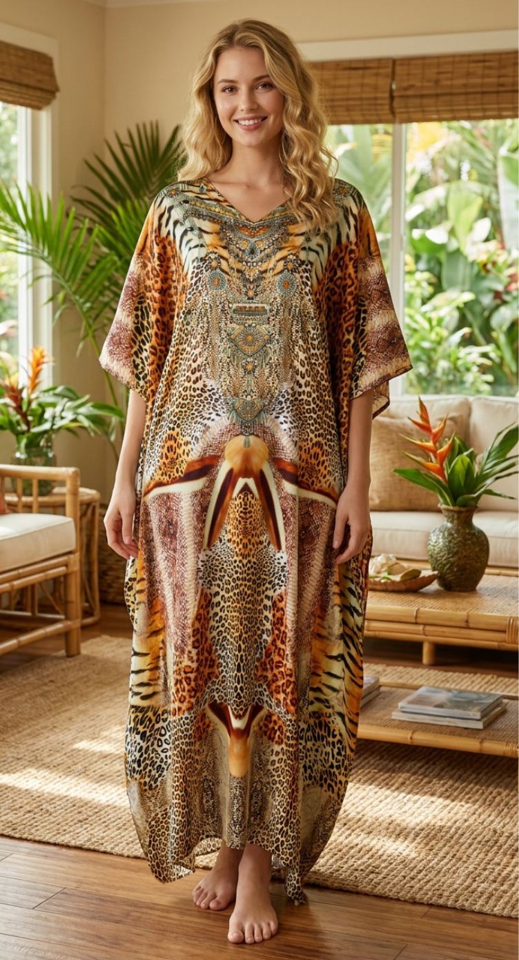 Beige Animal Print Satin Women Plus Size Kaftan Poolside Dress