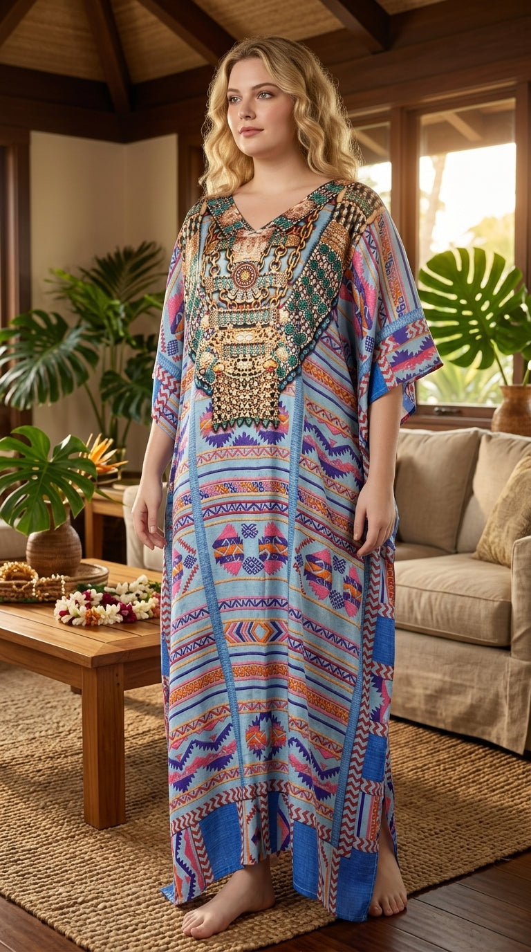 Light Blue Geometric Satin Women Plus Size Kaftan Vacation Dress
