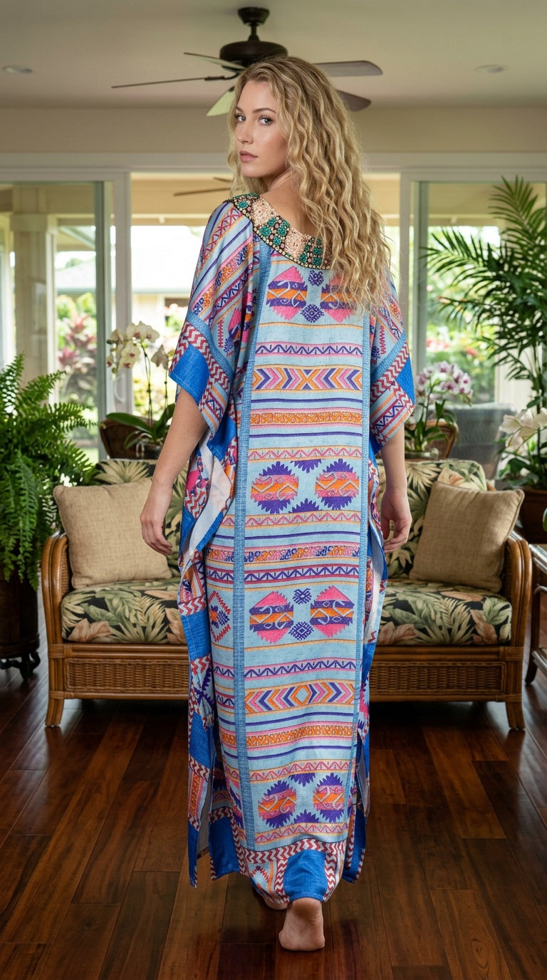 Light Blue Geometric Satin Women Plus Size Kaftan Vacation Dress