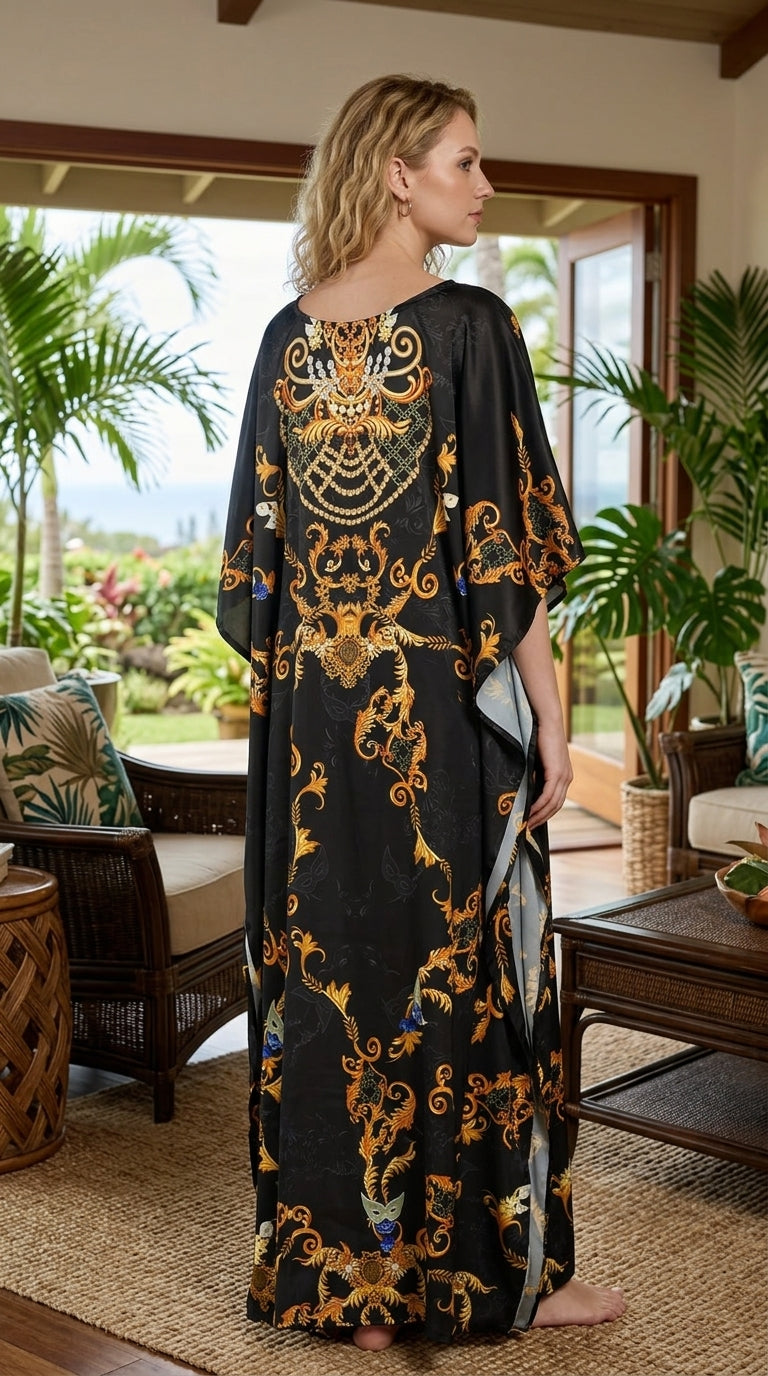 Black Ornate Print Satin Women Plus Size Kaftan Elegant Dress