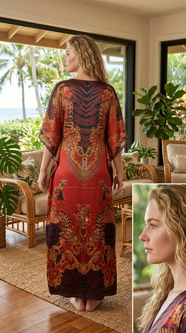 Rust Red Baroque Satin Women Plus Size Kaftan Holiday Dress - SKU KAF152-1078 - Gypsie Blu
