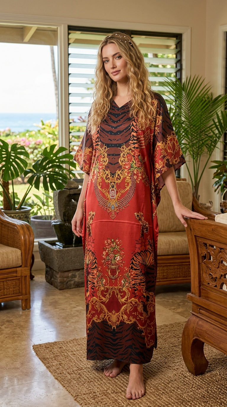 Rust Red Baroque Satin Women Plus Size Kaftan Holiday Dress