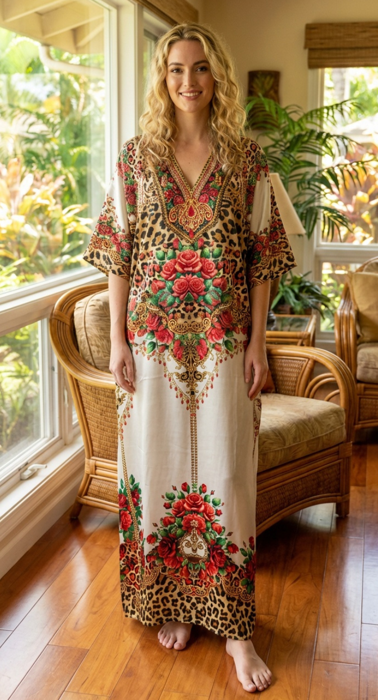 Cream Floral Satin Women Plus Size Kaftan Summer Dress