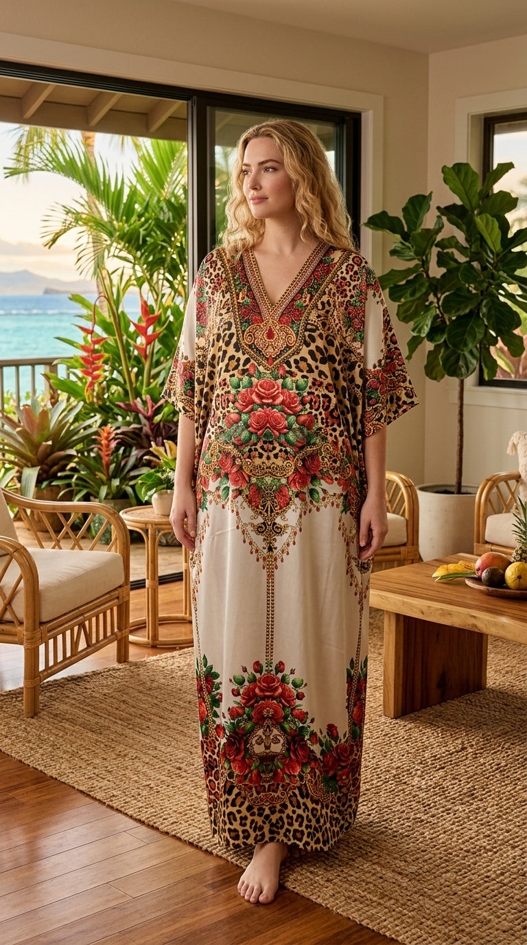 Cream Floral Satin Women Plus Size Kaftan Summer Dress - SKU KAF152-1079 - Gypsie Blu