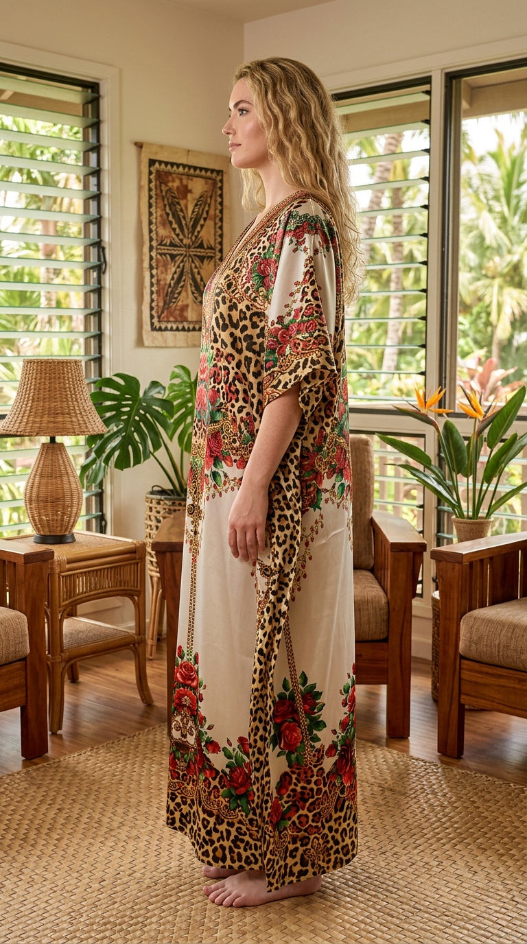 Cream Floral Satin Women Plus Size Kaftan Summer Dress - SKU KAF152-1079 - Gypsie Blu