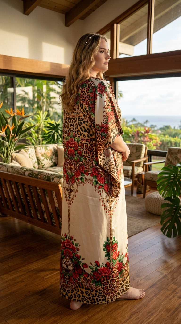 Cream Floral Satin Women Plus Size Kaftan Summer Dress