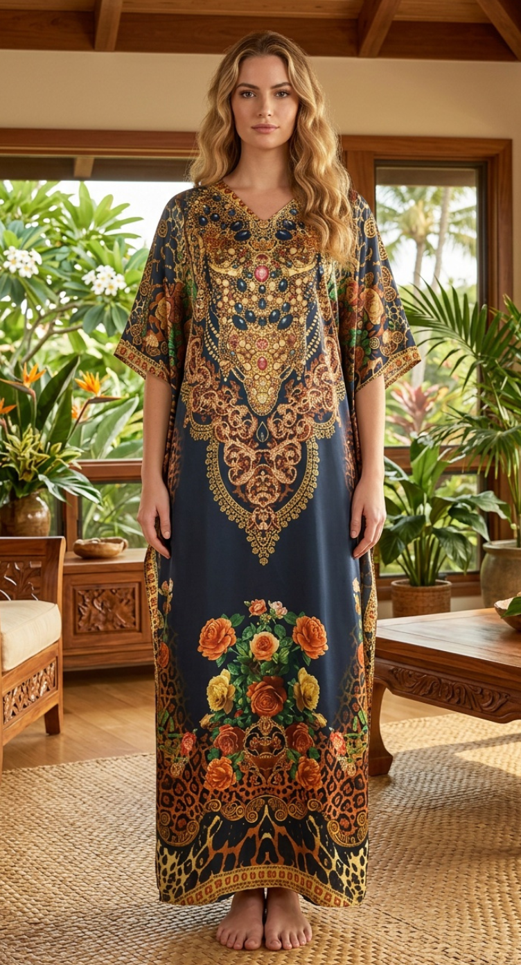 Black Floral Satin Women Plus Size Kaftan Lounge Dress