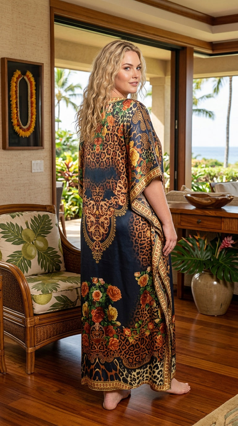 Black Floral Satin Women Plus Size Kaftan Lounge Dress