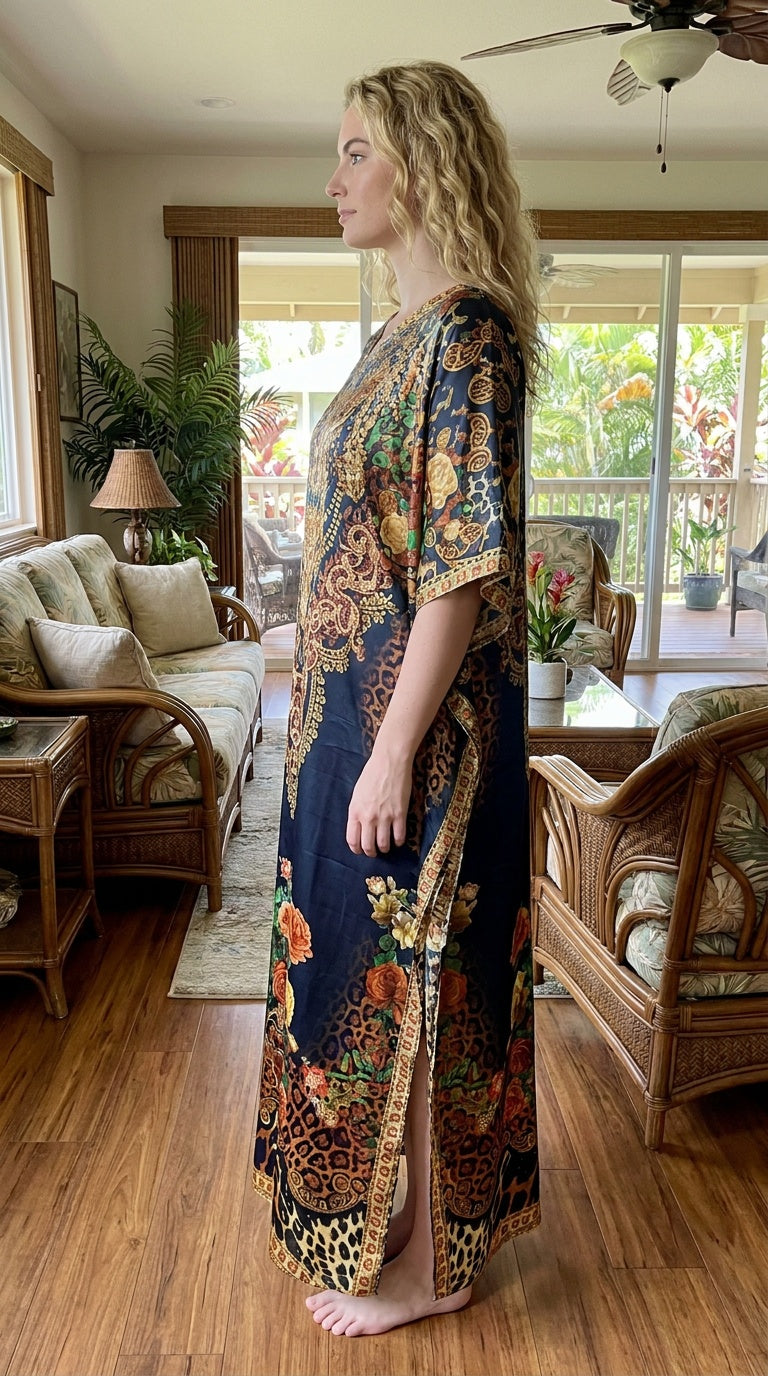 Black Floral Satin Women Plus Size Kaftan Lounge Dress