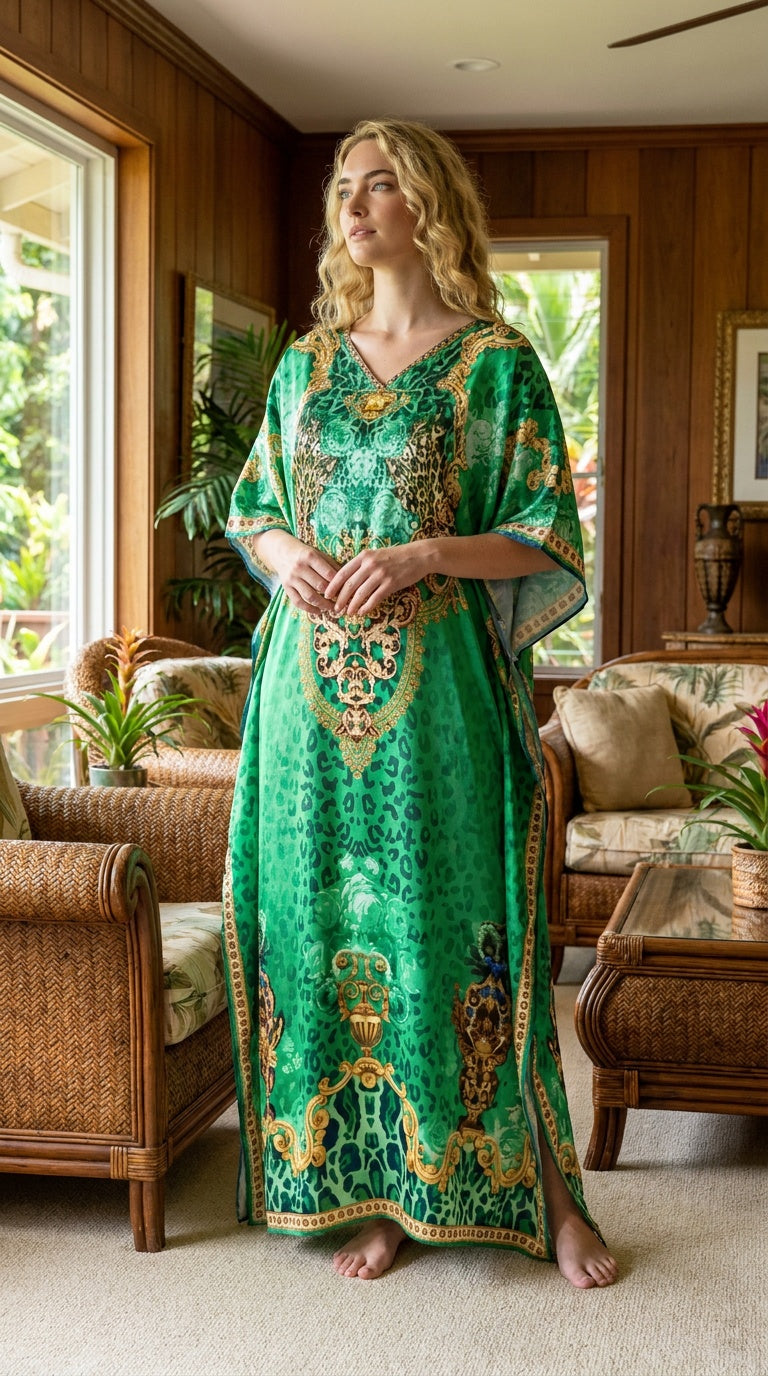 Emerald Green Leopard Satin Women Plus Size Kaftan Party Dress