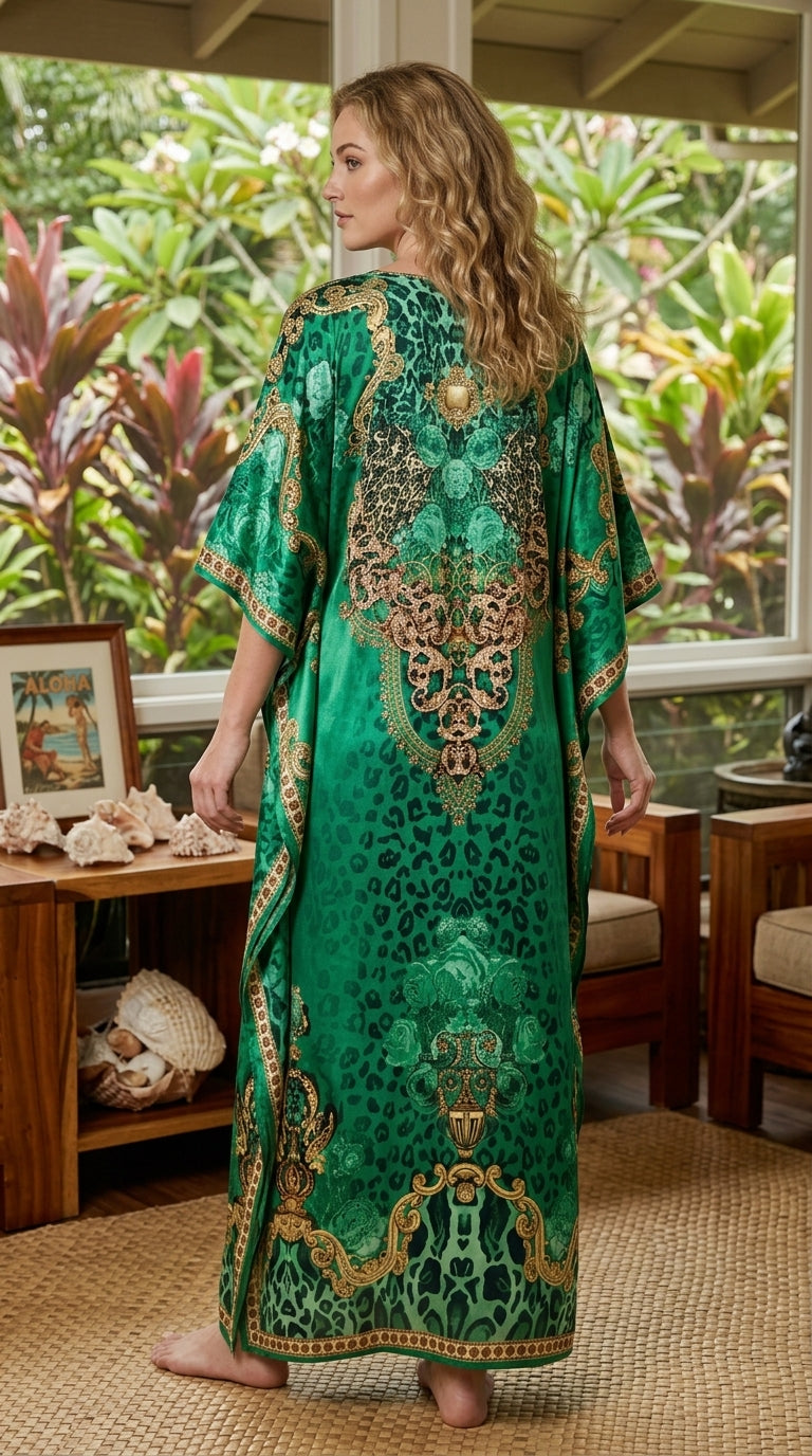 Emerald Green Leopard Satin Women Plus Size Kaftan Party Dress