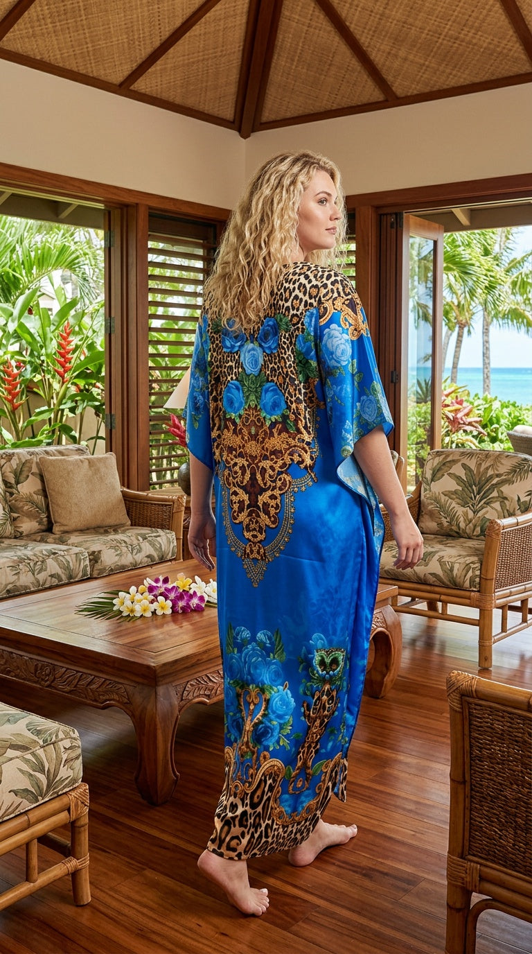 Royal Blue Floral Satin Women Plus Size Kaftan Poolside Dress