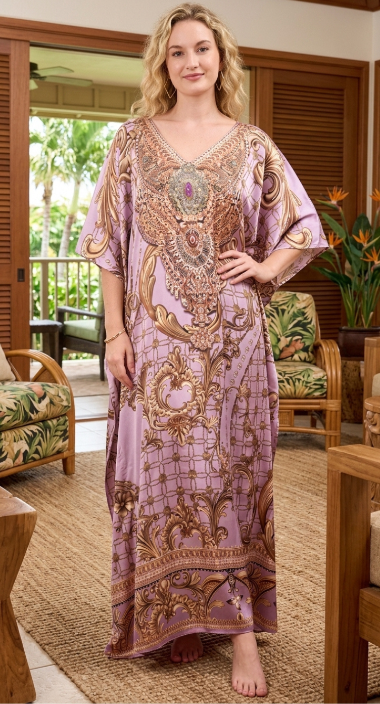 Soft Lavender Chain Satin Women Plus Size Kaftan Evening Dress