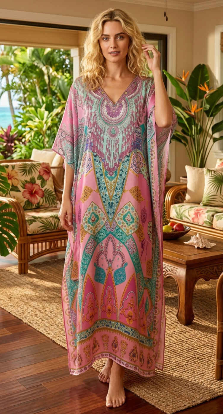 Soft Pink Ornate Satin Women Plus Size Kaftan Brunch Dress