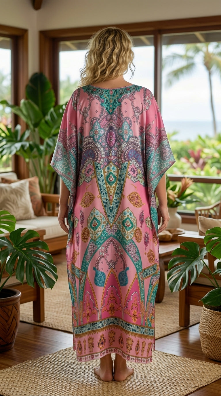 Soft Pink Ornate Satin Women Plus Size Kaftan Brunch Dress