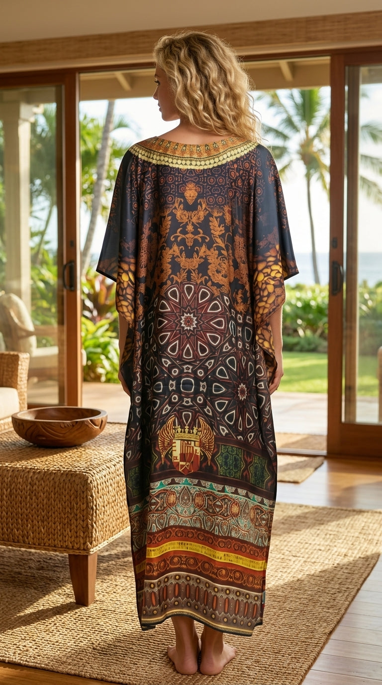 Deep Brown Geometric Satin Women Plus Size Kaftan Travel Dress