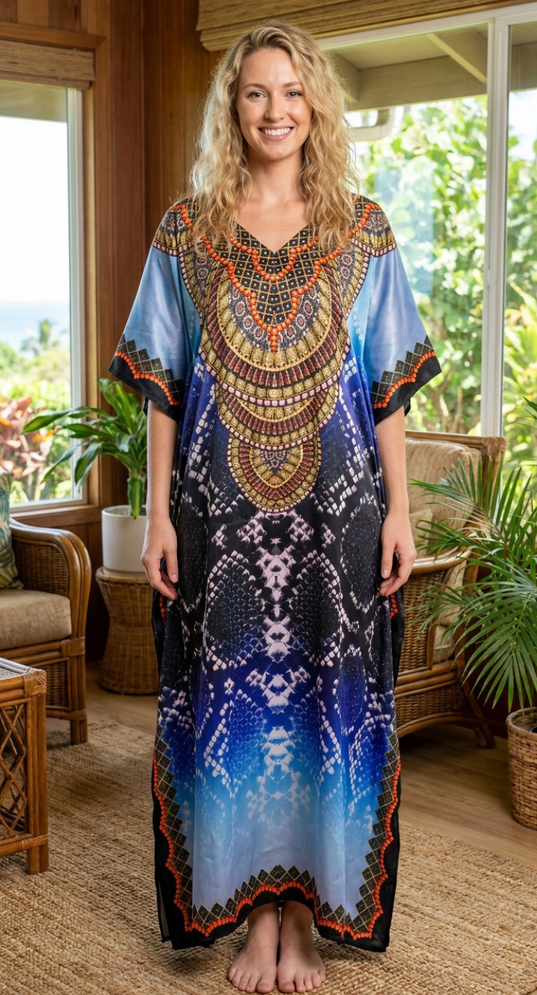 Navy Blue Tribal Satin Women Plus Size Kaftan Cruise Dress