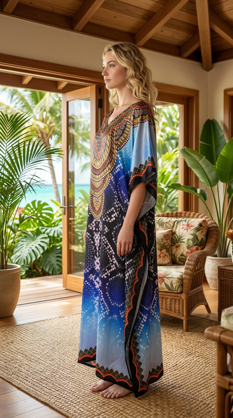 Navy Blue Tribal Satin Women Plus Size Kaftan Cruise Dress