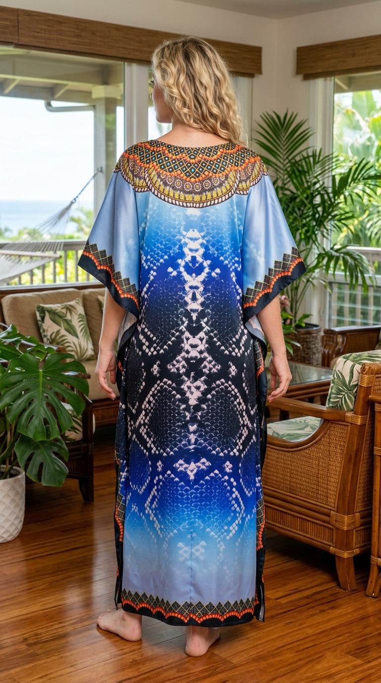 Navy Blue Tribal Satin Women Plus Size Kaftan Cruise Dress