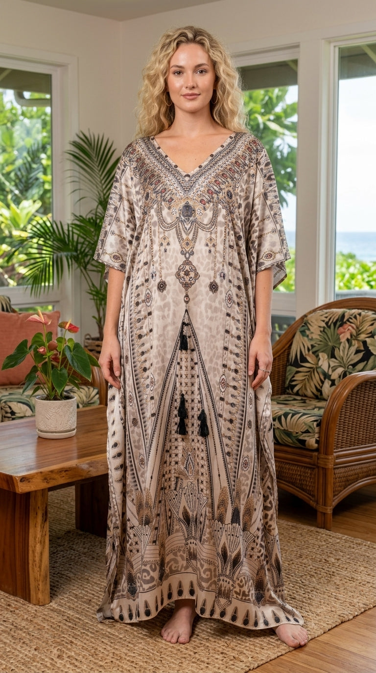 Beige Tribal Satin Women Plus Size Kaftan Vacation Dress