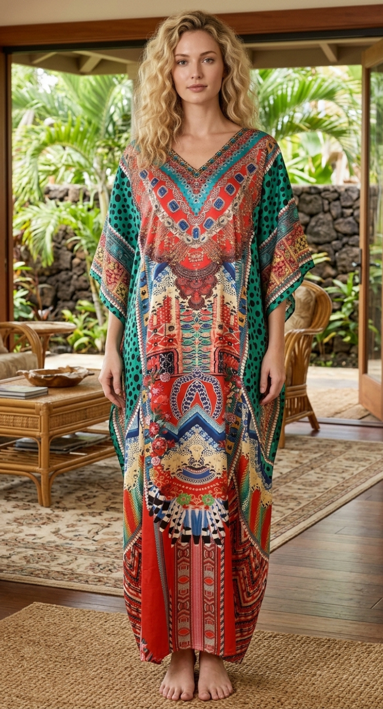 Multicolor Bohemian Satin Women Plus Size Kaftan Casual Dress