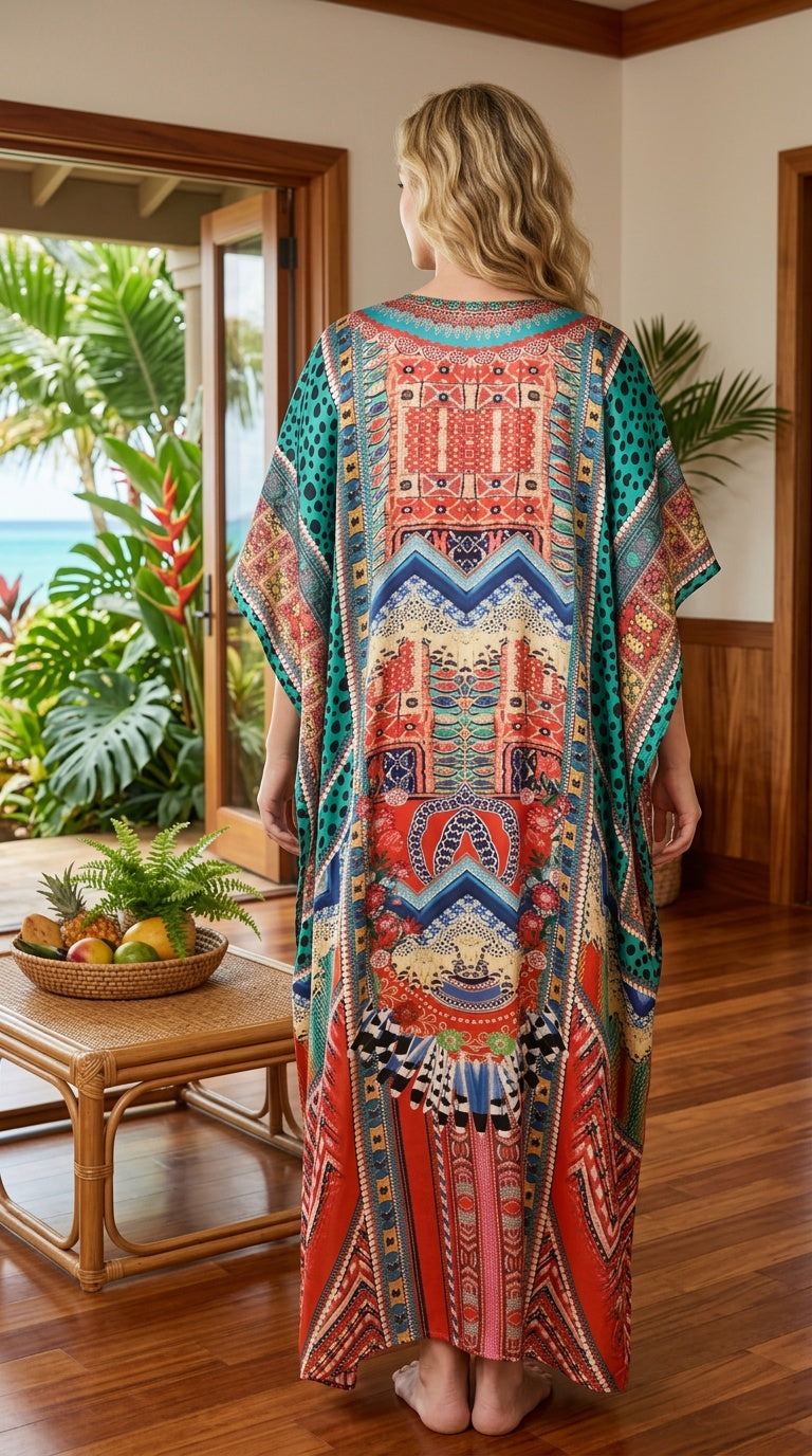 Multicolor Bohemian Satin Women Plus Size Kaftan Casual Dress