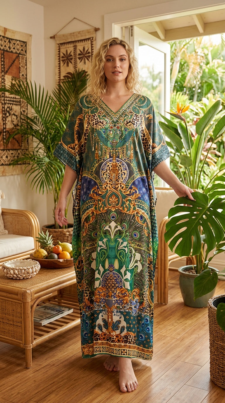 Teal Baroque Satin Women Plus Size Kaftan Vacation Dress - SKU KAF152-1091 - Gypsie Blu