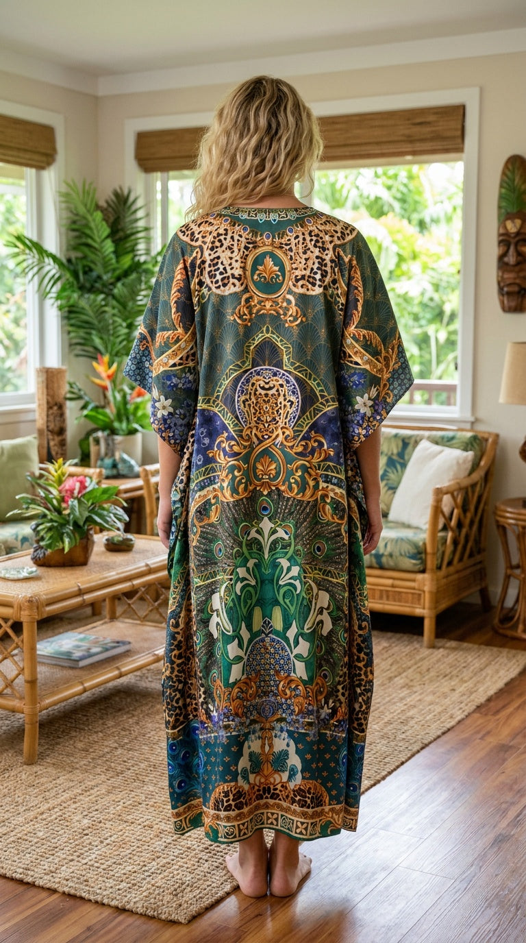 Teal Baroque Satin Women Plus Size Kaftan Vacation Dress
