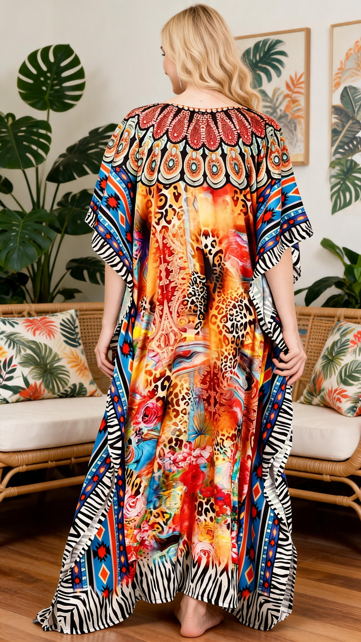 Multicolor Tribal Satin Women Plus Size Kaftan Resort Dress - SKU KAF152-1093 - Gypsie Blu