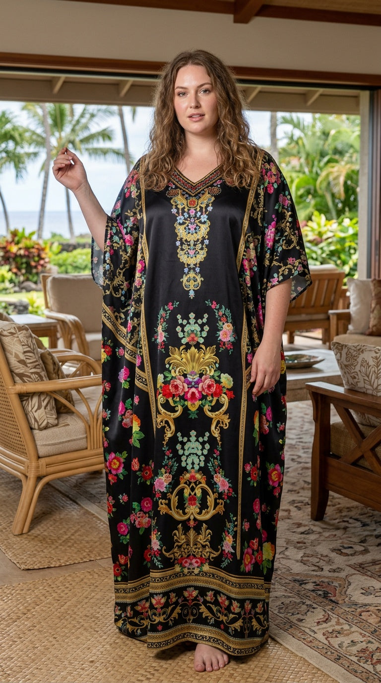 Black Floral Satin Women Plus Size Kaftan Elegant Dress