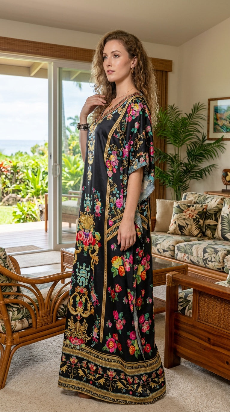 Black Floral Satin Women Plus Size Kaftan Elegant Dress