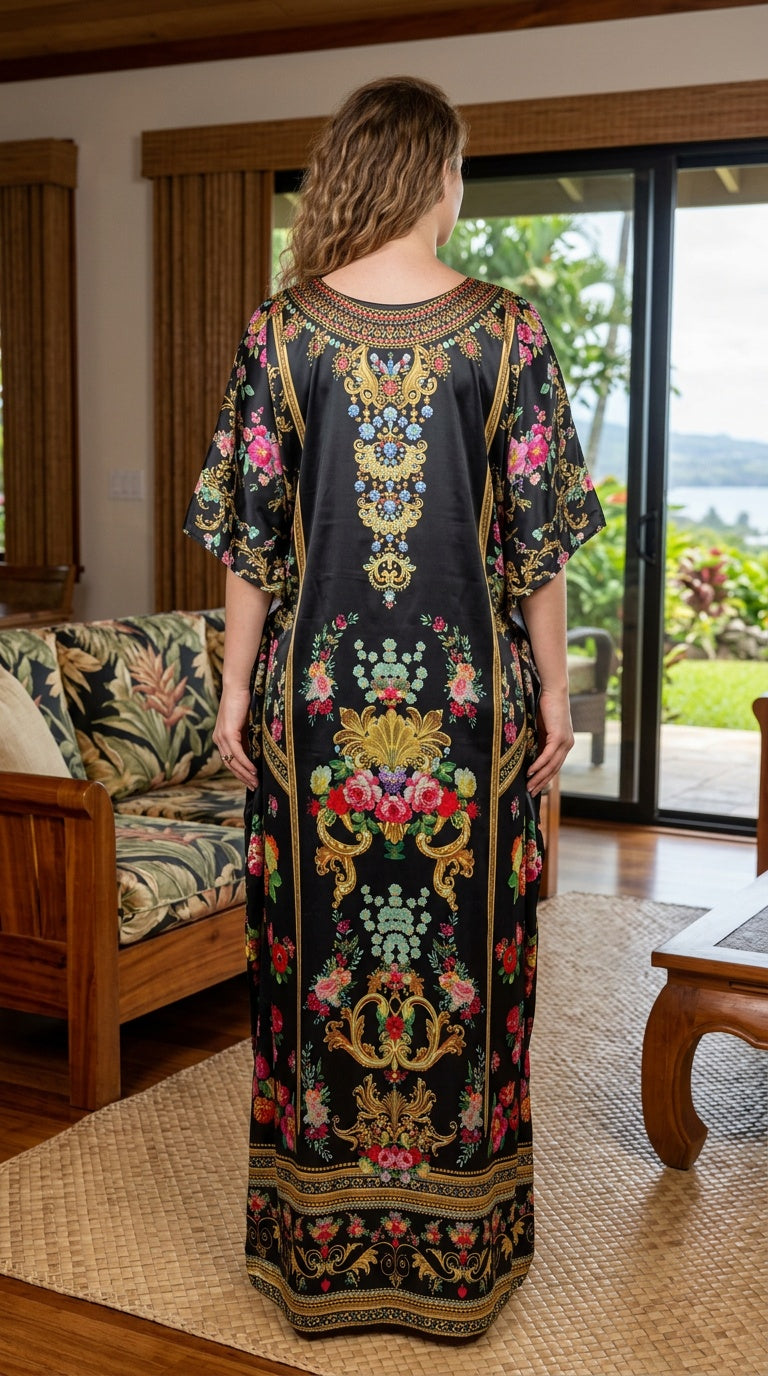 Black Floral Satin Women Plus Size Kaftan Elegant Dress
