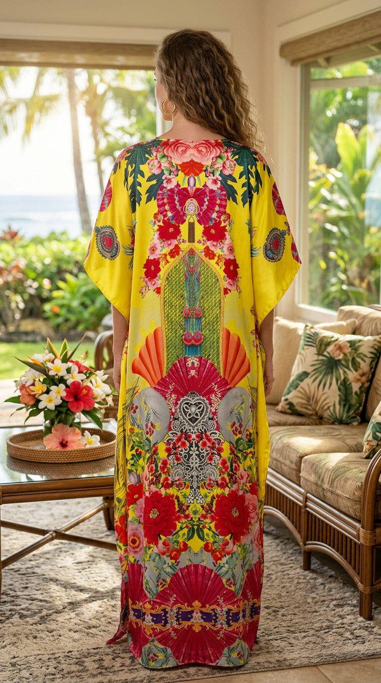 Yellow Tropical Satin Women Plus Size Kaftan Vacation Dress