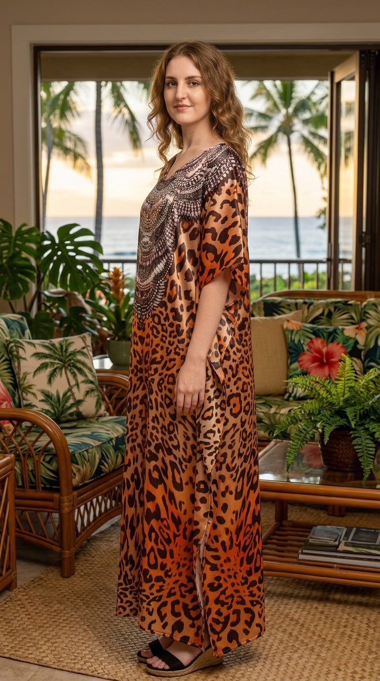 Brown Animal Print Satin Women Plus Size Kaftan Lounge Dress