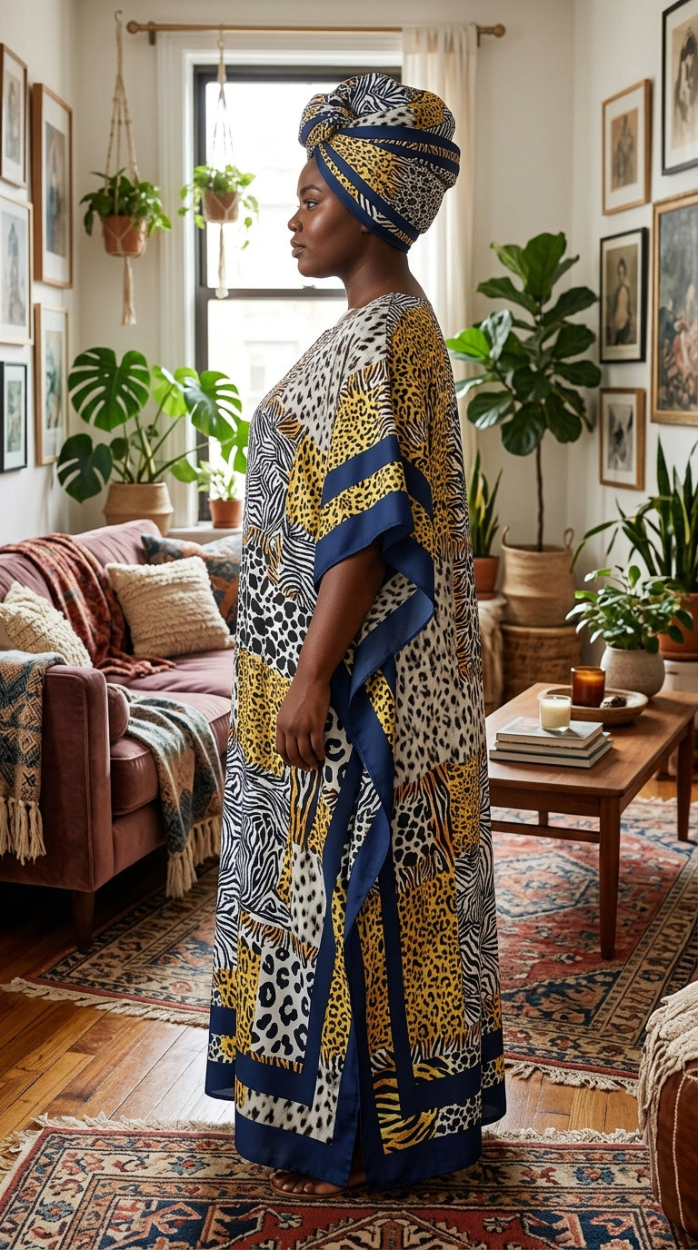 Mustard Yellow Animal Print Polyester Women Plus Size Kaftan with Scarf